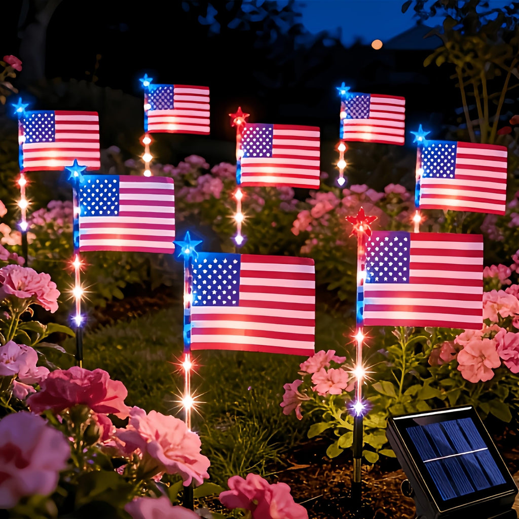 UMEUC 8 Pack Solar American Flag Lights Outdoor,American Flag Pathway Lights, Solar Flag Lights, Auto On/Off 8Modes IP65 Waterproof, 4th of July Decorations Outdoor for Yard Garden Memorial Day 250Th