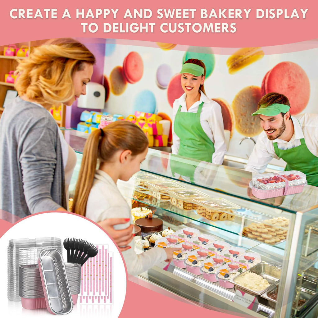 YQER 60 Pack Mini Loaf Pans with Lids and Spoons Sealing Sticker, 6.8oz Mini Cake Pans for Baking, Disposable Aluminum Foil Loaf Pans, Pink Loaf Baking Pans, Small Cake Containers With Lids