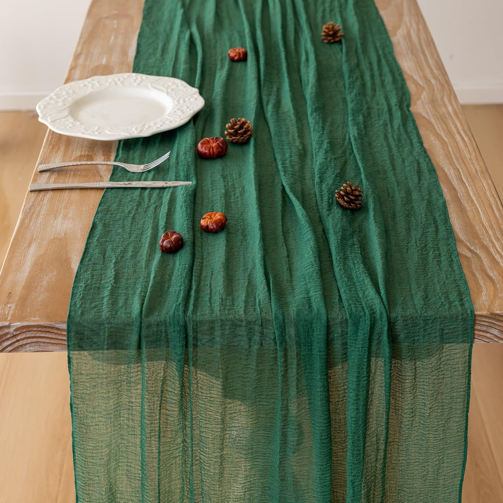Keketo 6pcs Christmas Emerald Green Cheesecloth Table Runner Gauze 120 Inch 10 FT Rustic Boho Cheese Cloth Runner for Wedding Baby Shower Bridal Shower Birthday Party Long Sheer Home Decorations