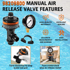 98209800 Manual Air Relief Valve Assembly with Pool Filter Pressure Gauge, Spa Pool Filter Pressure Valve Compatible with Pentair Air Relief Valve Fit for FNS, Clean and Clear, Quad De, 4000 Series