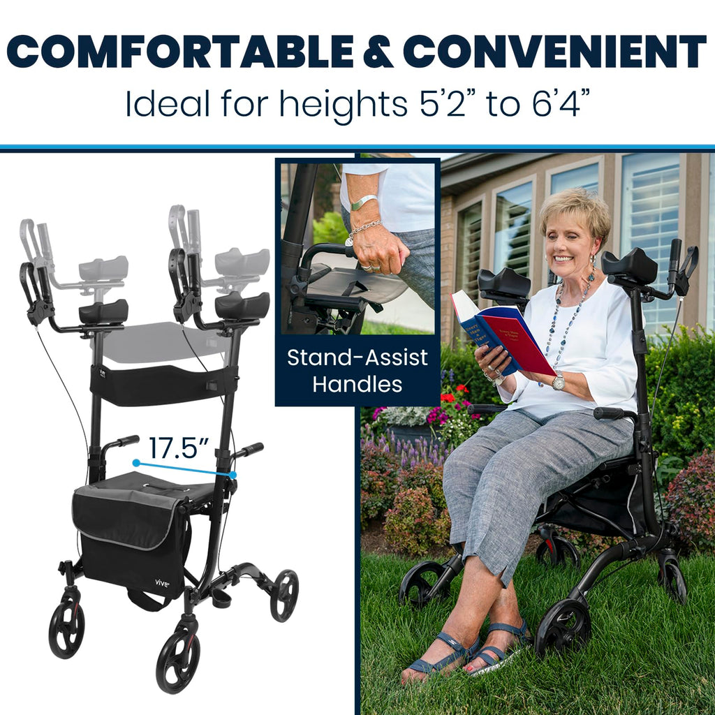 Vive Mobility Upright Walker with Seat, for Seniors, Women - Stand Up Rollator, Arm Rests, Heavy Duty, Folding Medical Aid Scooter for Elderly, Seniors - Walking Foldable Assist (Blue, Black Bag)