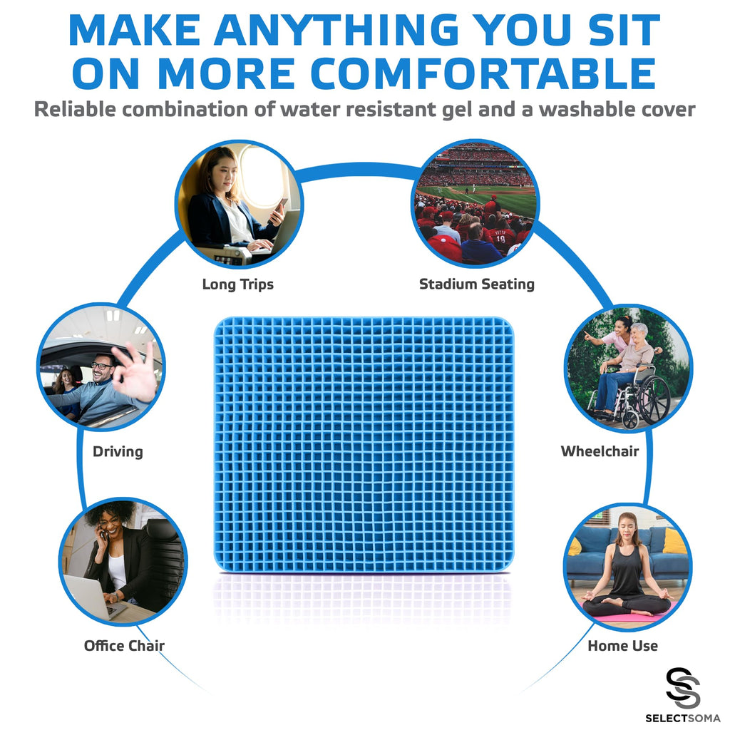 SelectSoma Travel Gel Seat Cushion for Long Sitting - Travel Pad for Car, Truck, Office Chair, Wheelchair - Cooling Gel Cushion for Sciatica, Tailbone, Back Pain, and Pressure Relief
