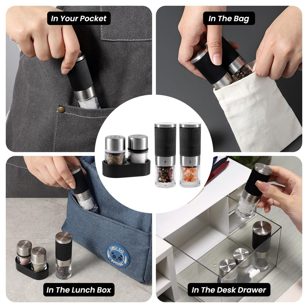 Mini Salt and Pepper Grinder set with 2 Small Salt and Pepper Shakers Portable Cute Tiny Spice Grinder Pepper Mill Salt Grinder for Travel, Work, Camping, Party, School, Lunch Box