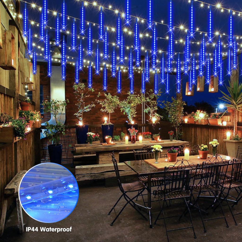 JMEXSUSS Solar Christmas Lights Outdoor Waterproof, Blue Solar Meteor Shower Rain Lights, 8 Tube 144 LEDs Solar Icicle Tree Lights for Halloween Yard Party Patio Xmas Decoration