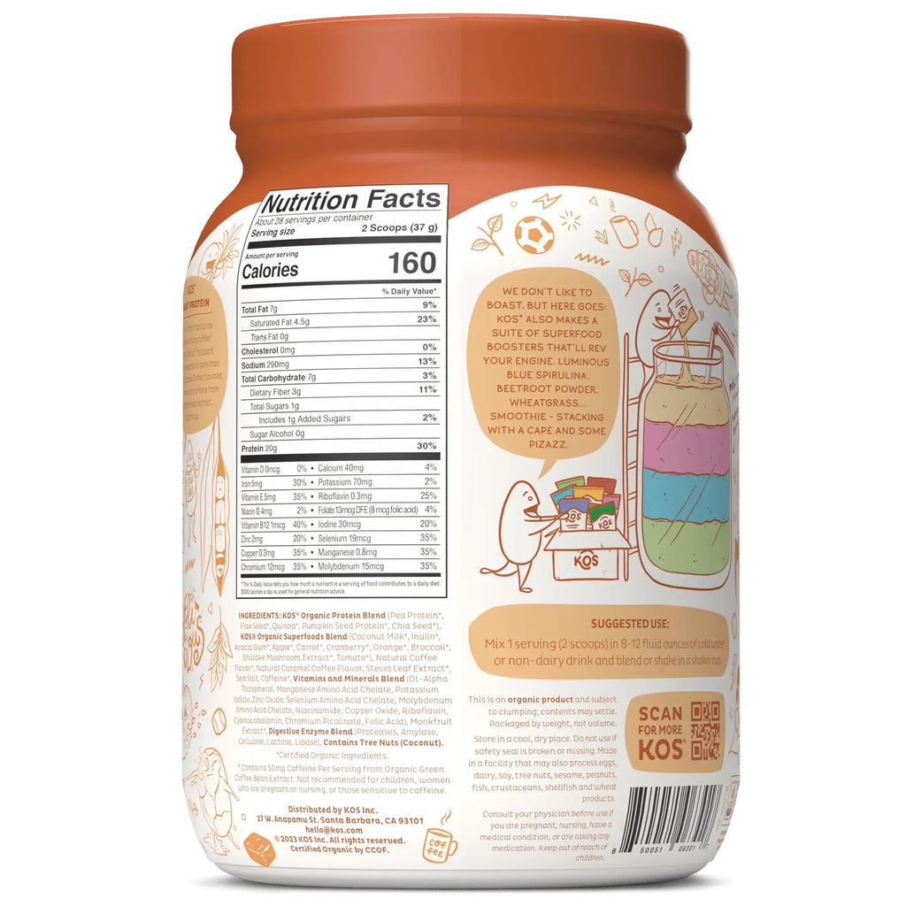 KOS Organic Vegan Protein Powder with 50mg Caffeine, Salted Caramel Coffee - Pea Protein Blend, Plant Based Superfood Rich in Vitamins & Minerals - Meal Replacement for Women & Men, 28 Servings