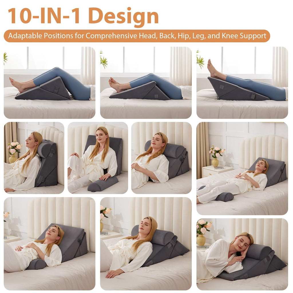 3PCS Wedge Pillow for Acid Reflux Relief, Adjustable Wedge Pillow Headboard, Bed Wedges Pillow for Back Pain Relief, Sleeping, Post Surgery, Back Support Pillows for Sitting Up, Snoring, Plush Grey