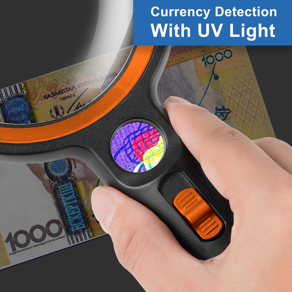Magnifying Glass with 30 LED Lights, 10X 20X 45X Handheld Illuminated Lighted Magnifier with 1UV Light for Seniors Reading, Inspection, Coins, Jewelry, Exploring Light Magnifying Glass (Orange)