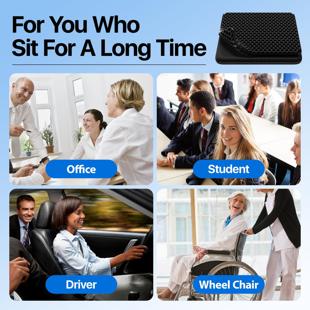 Gel Seat Cushion, Cooling (Super Large & Thick), Breathable Honeycomb Design Absorbs Pressure Points, Gel Cushion for Office Chair, Home Car seat Cushion for Wheelchair