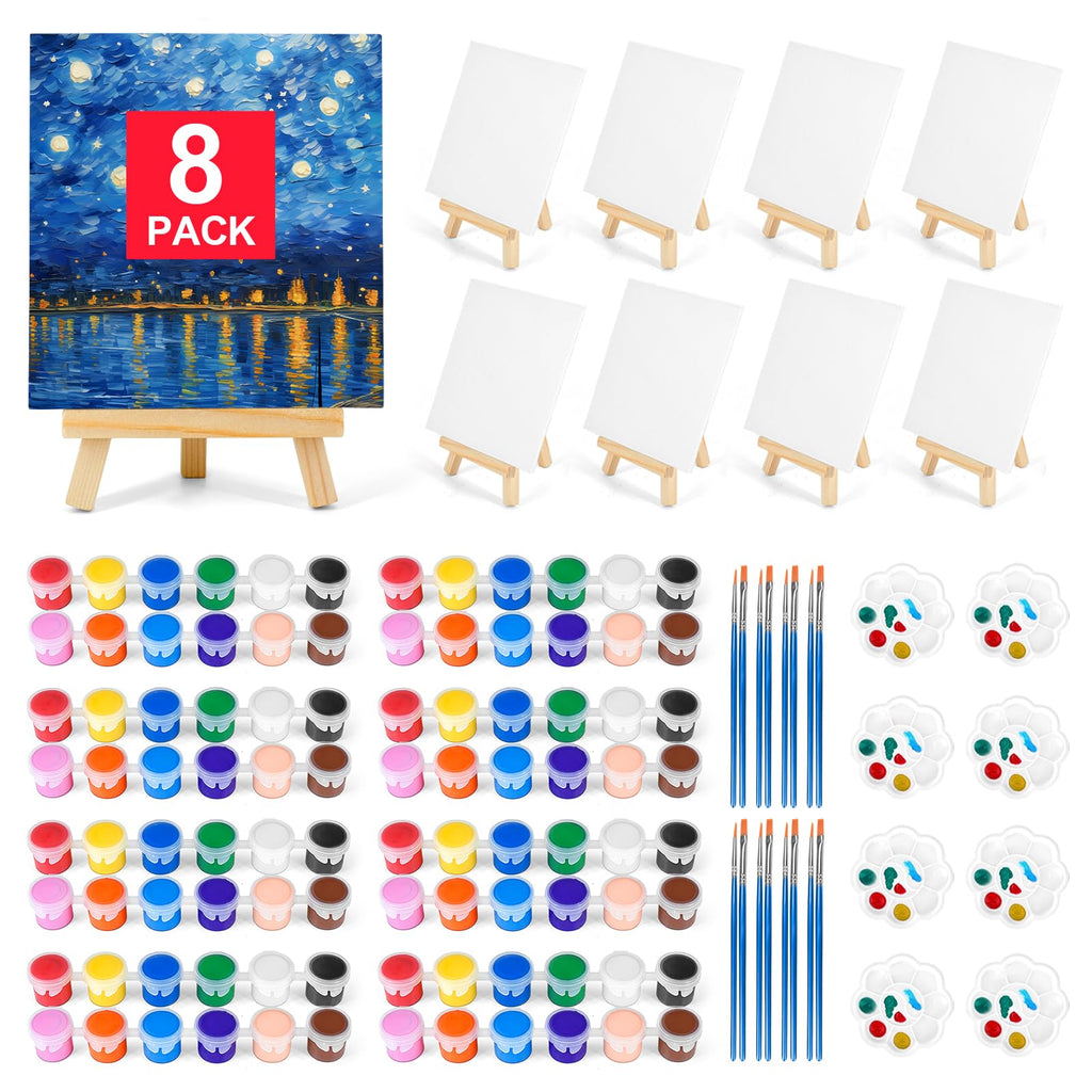 8 Pack 8 * 10In Canvas Boards for Painting, Art Canvas for Drawing with 16 Brushes & 8 Paint Trays & 16 Acrylic Paint, Mini Painting Canvas with Easel Set, Painting Kits for Adults Party