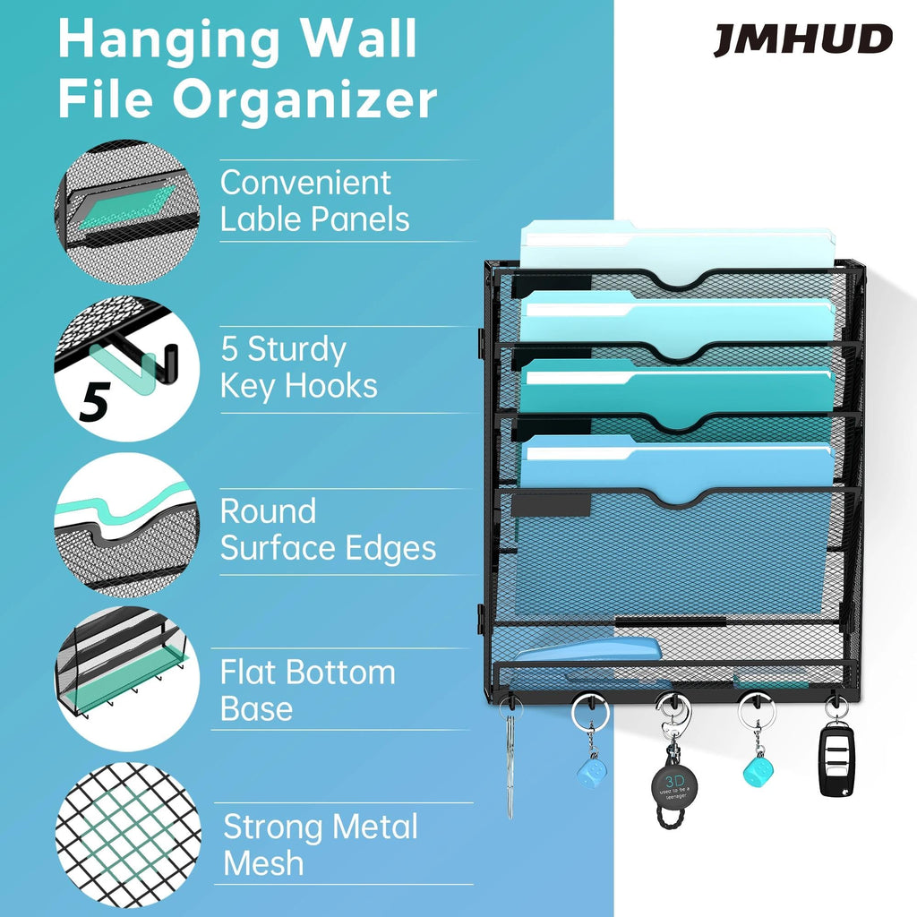 5 Tier Wall File Organizer - Hanging File Organizer with 5 Hooks, Mail Holder Wall Mounted for Papers, Folders, Magazines, Bills, Office&School Organization, Black