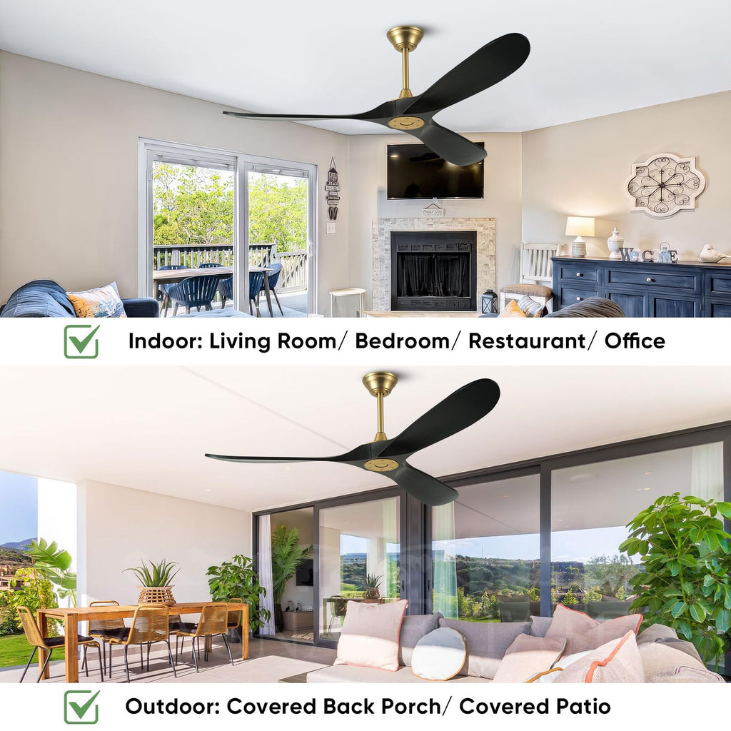 60 Inch Ceiling Fan without Light, Outdoor Ceiling Fans for Patios with Wall Control and Remote Control, Black Gold Modern Farmhouse Ceiling Fan, 3 Blade Large Air flow Reversible DC Wood Ceiling Fan