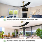 60 Inch Ceiling Fan without Light, Outdoor Ceiling Fans for Patios with Wall Control and Remote Control, Black Gold Modern Farmhouse Ceiling Fan, 3 Blade Large Air flow Reversible DC Wood Ceiling Fan