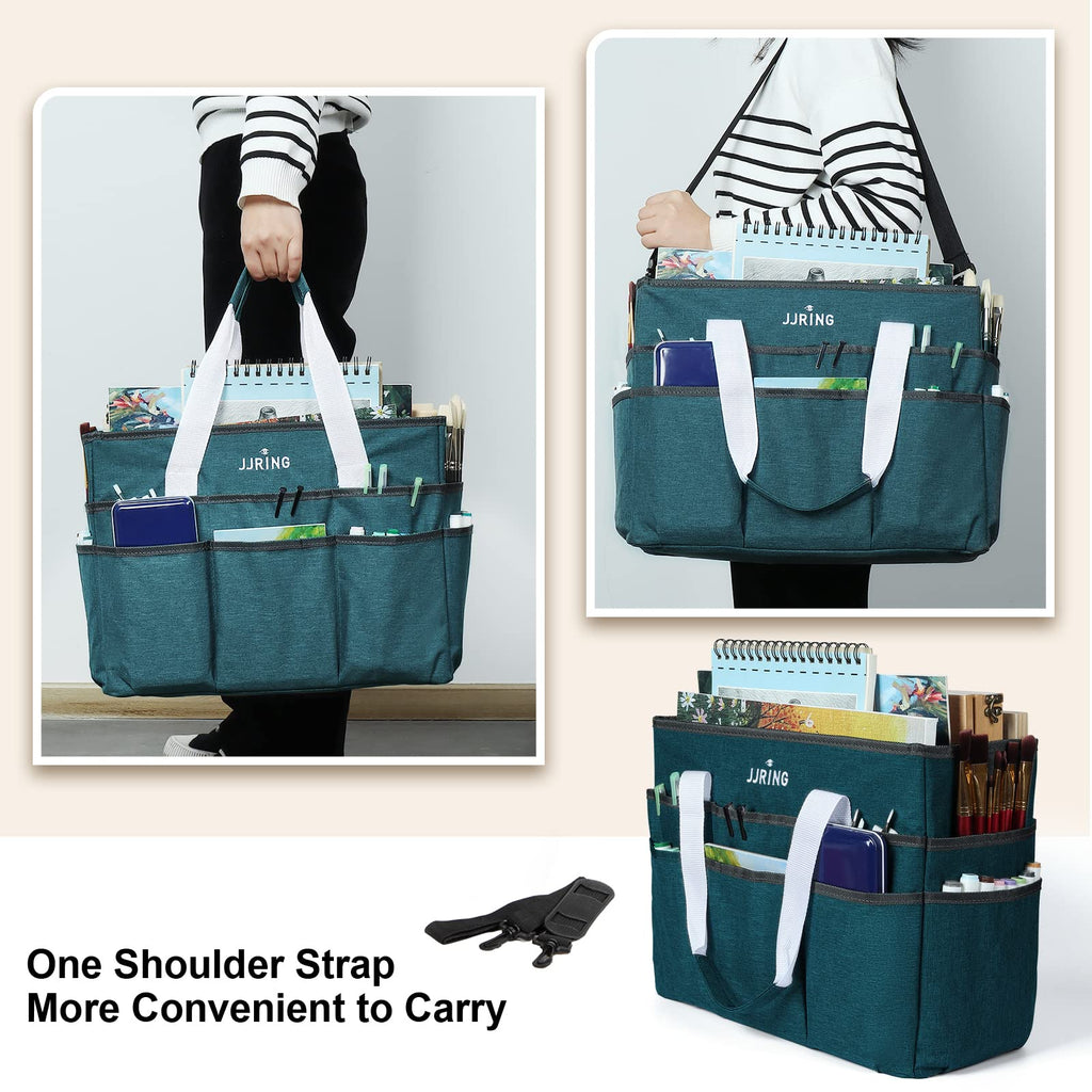 JJRING Craft Organizer Tote Bag, Large Art Storage Caddy with Multiple Pockets, Bluish Green Sewing Bag for Art, Craft, Scrapbooking, School, Medical, and Office Supplies Storage