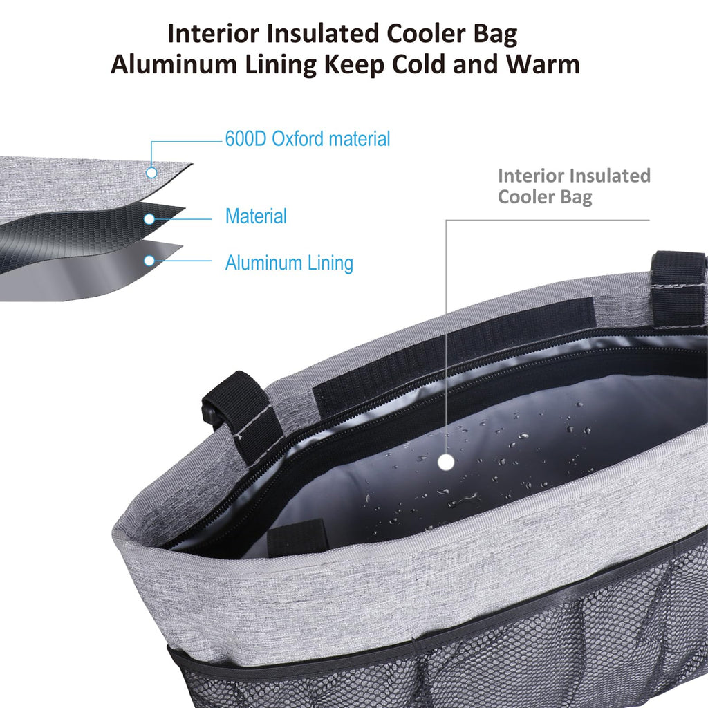 Dotday Walker Bag with Cooler Bag, Water Resistant Storage Bag Walker Accessories with Temperature Controlled Pocket for Seniors, Walker Bag Fit for Walkers, Rollator, Wheelchair & Scooters-Grey