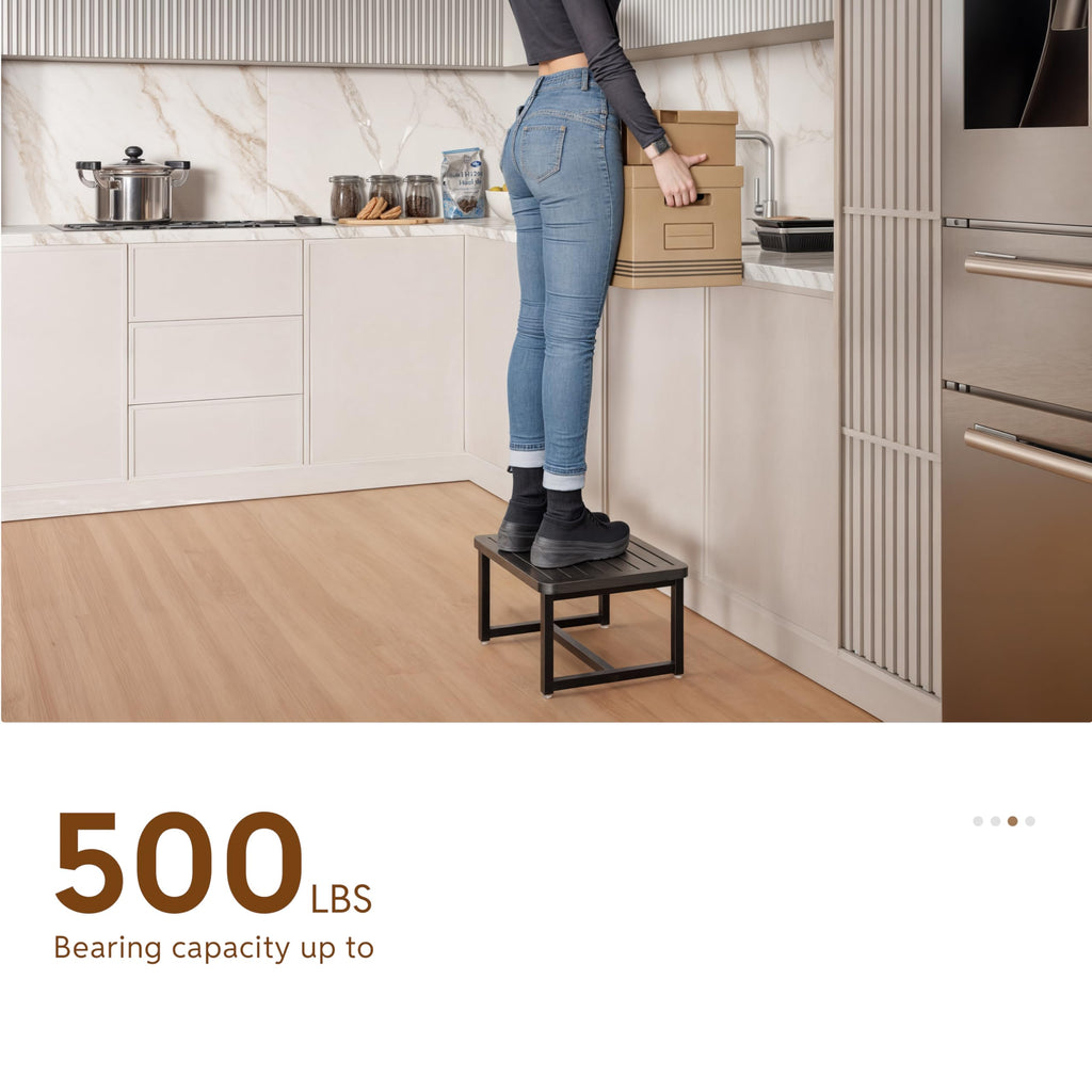 Holana 9" Wooden Step Stool for Adults - Acacia Wood One Step Stools for High Beds Riser - 500 Lbs Heavy Duty Step Stool - Stepping Stool Bathroom for Elderly, Kid, Bed, Kitchen (Black Steel + Acacia)