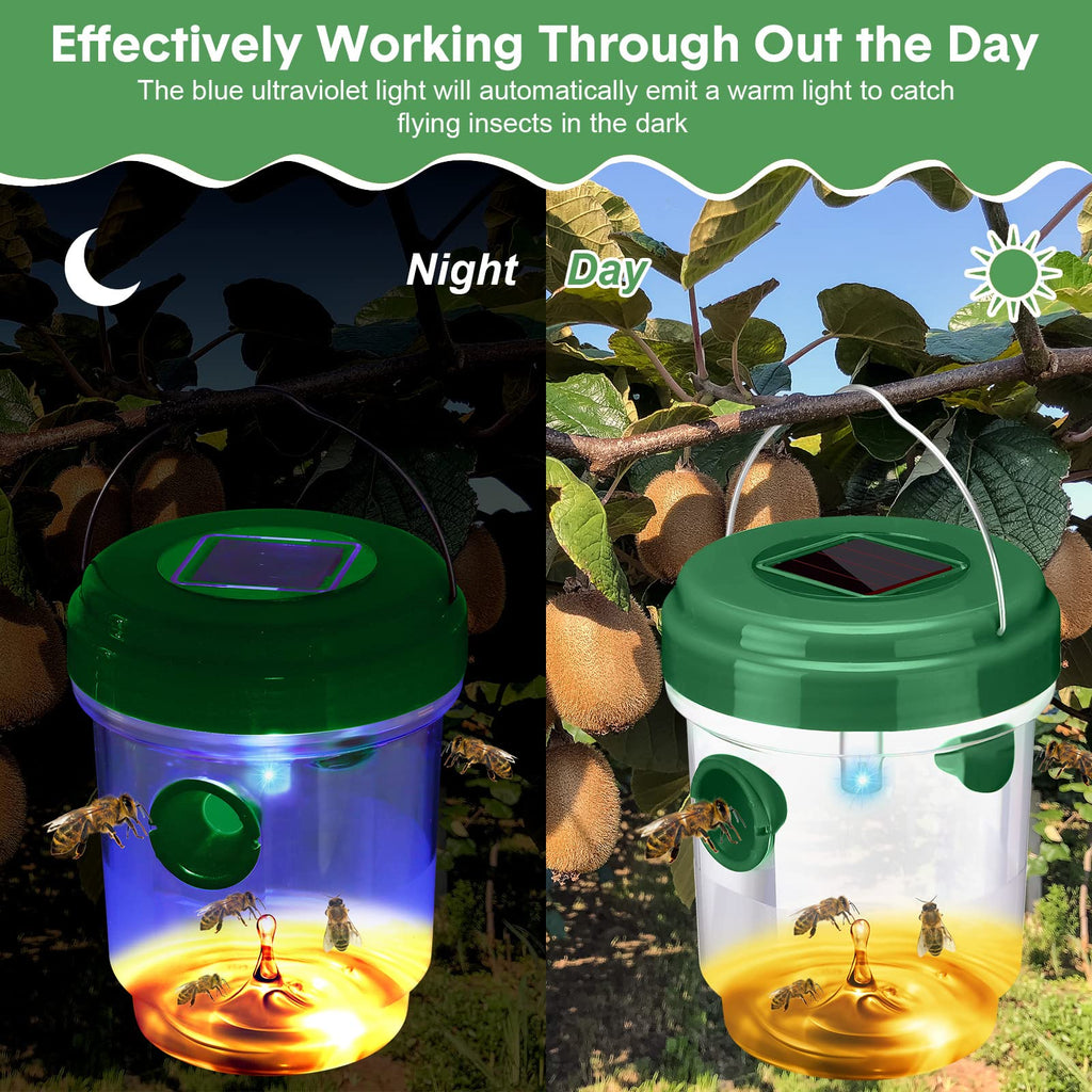 Wasp Trap Solar Powered Bee Trap Reusable Fly Traps Outdoor Hanging Wasp Killer with UV LED Light Flying Insects Bee Killer for Indoor Outdoor Patio Garden Home (Green, 6 Packs)