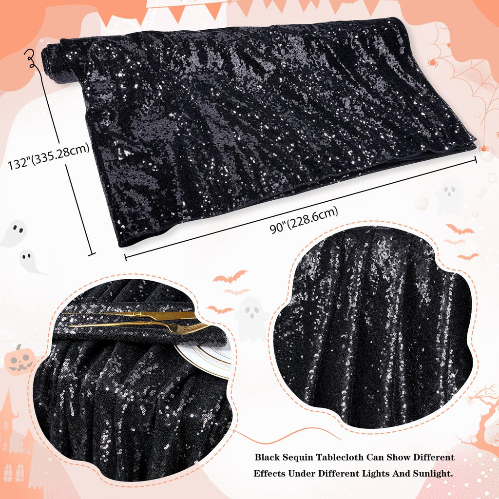 QueenDream Seamless Sequin Tablecloth 90x132 Inch Black Rectangular Tablecloth for Christmas Wedding Birthday Halloween