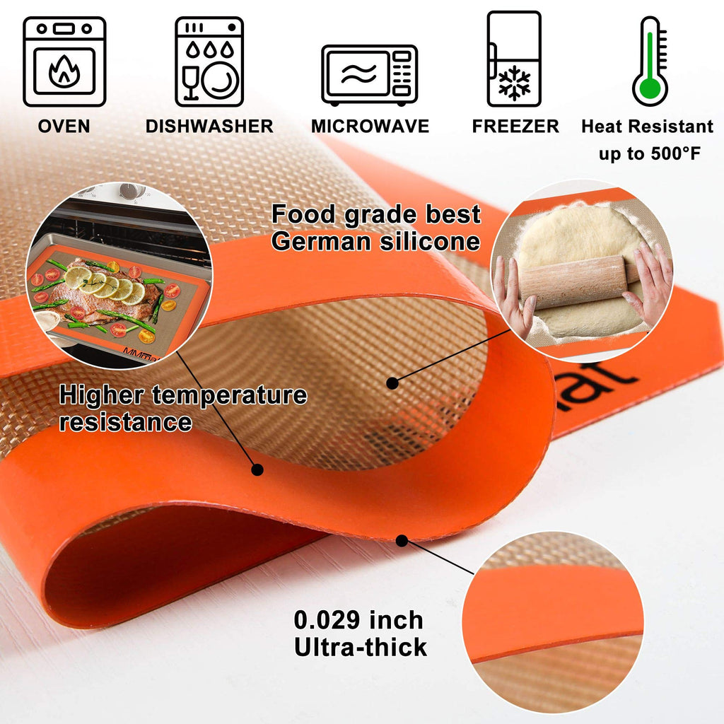 MMmat Silicone Baking Mat - Best German Silicone - Non Slip Silicone Baking Sheet, Non Stick Reusable Silicone Mats for Baking, Oven Liner, Counter Mat - Half + Medium + Quarter Baking Sheets Set