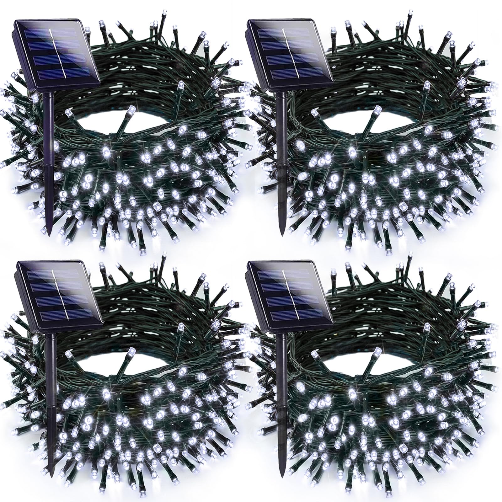 4pk Cool White Solar Christmas Lights Outdoor Waterproof, 400LED 132FT Solar Powered LED String Lights Green Wire with 8 Modes, Solar Fairy Lights for Xmas Tree Party Wedding Garden Fence Decorations