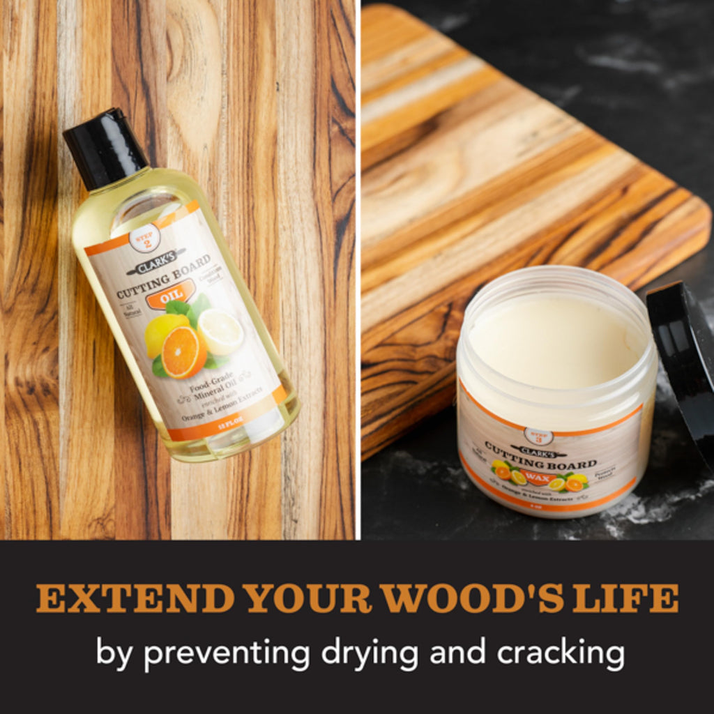 CLARK'S Bamboo Cutting Board Care Kit, Includes Mineral Oil (12oz) and Carnauba Beeswax (6oz) Enriched with Orange & Lemon Extract, Bamboo Cutting Board Oil Food Grade, Cutting Board Wax Bamboo