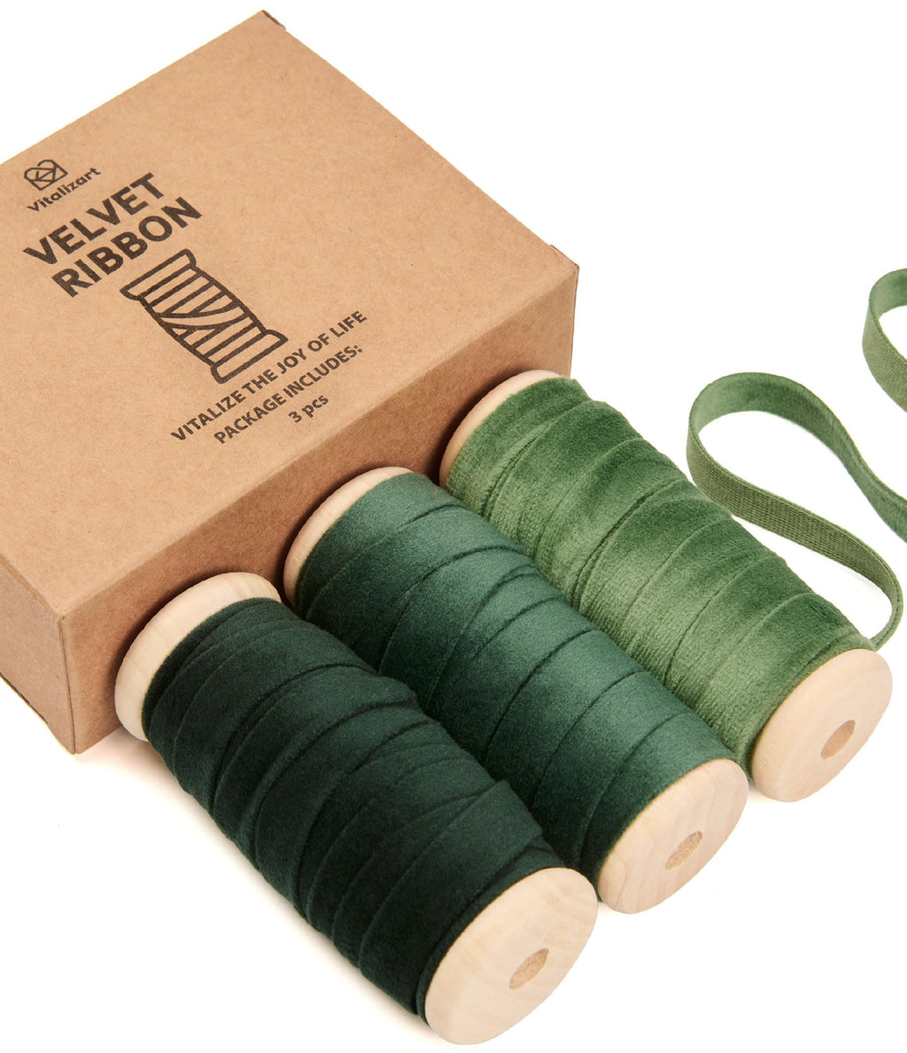 Vitalizart Green Velvet Ribbon 3/8" x 15 Yd Fabric Trim 3 Rolls * 5 Yd for Christmas Wreath Decoration Handmade Craft Ornaments Gift Wrapping & Bow Making Dark Forest