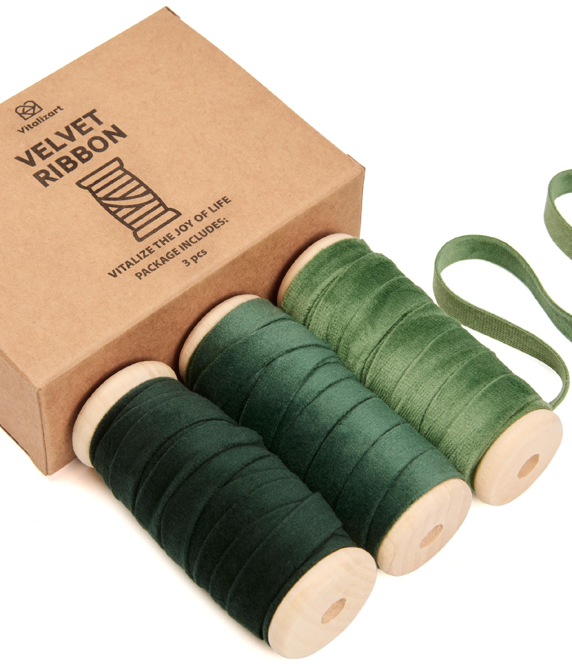 Vitalizart Green Velvet Ribbon 3/8" x 15 Yd Fabric Trim 3 Rolls * 5 Yd for Christmas Wreath Decoration Handmade Craft Ornaments Gift Wrapping & Bow Making Dark Forest