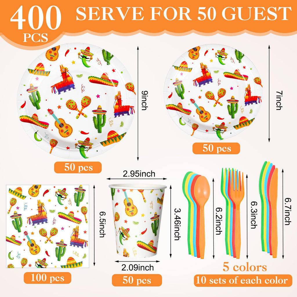 Sunnychicc 400 Pcs Mexican Party Supplies Fiesta Disposable Paper Plates Napkins and Cups Mexican Tableware Decorations for Cinco de Mayo Birthday, Taco Party (Bright)