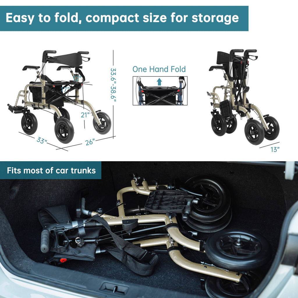 ELENKER All-Terrain 2 in 1 Rollator Walker & Transport Chair, Folding Wheelchair with All 10” Wheels for Seniors, Reversible Backrest & Detachable Footrests, Champagne