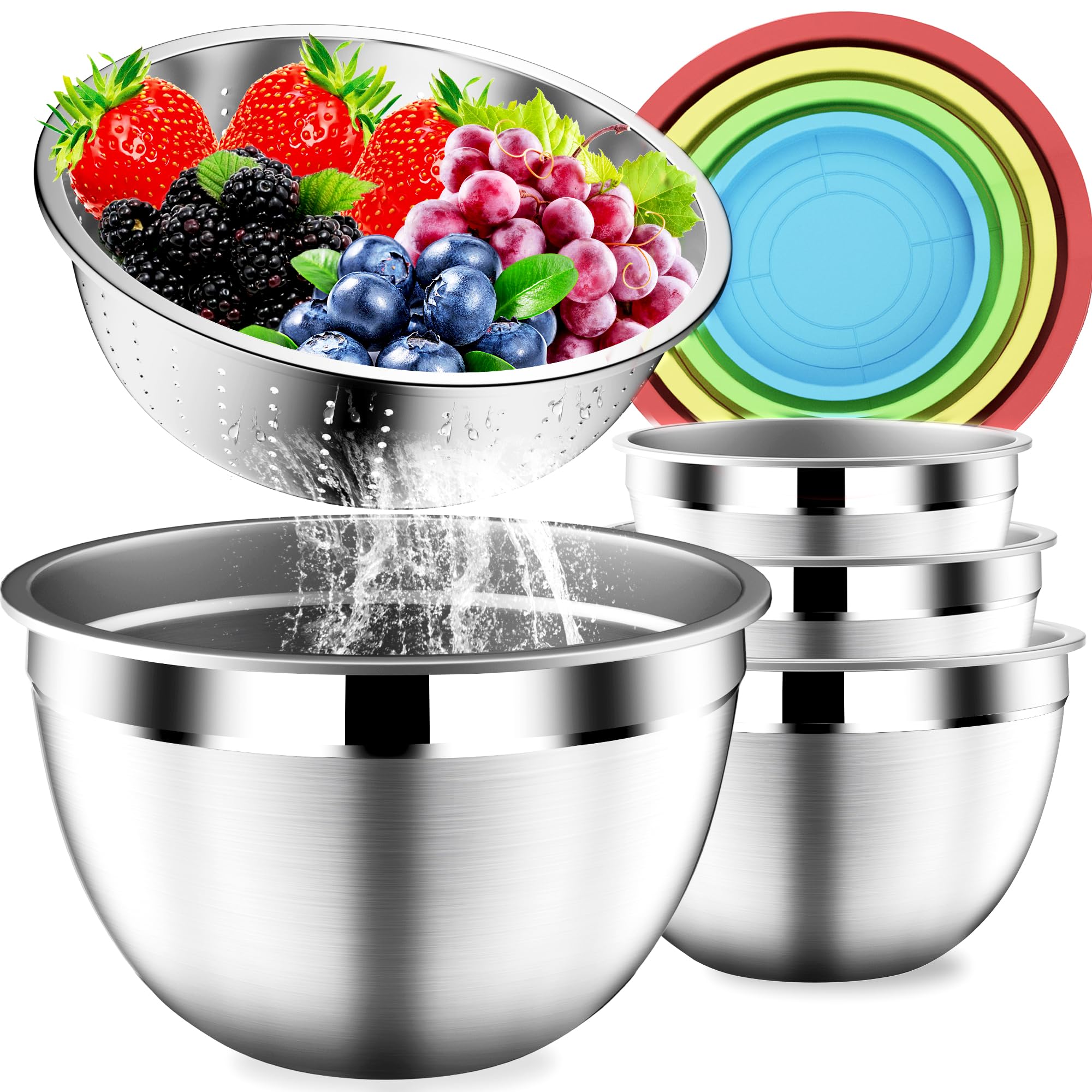 DUTZUN Mixing Bowls with Strainer, Mixing Bowl with Lids Set, Stainless Steel Mixing Bowls, Kitchen Gadgets 2025 Salad Bowls with Strainer for Mixing & Preping & Baking, Multicolor