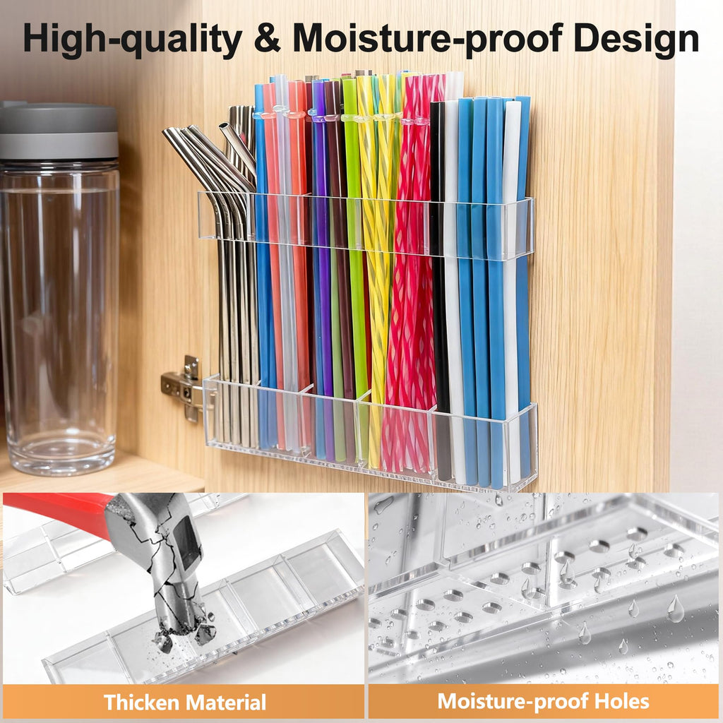 Rycid 9.5” Large Acrylic Straw Holder for Cabinet Door, Reusable Adjustable Two-Part Straws Organizer with Ultra Sticky Adhesive Strips, 2026 Straw Storage for Kitchen Cupboard (Transparent)