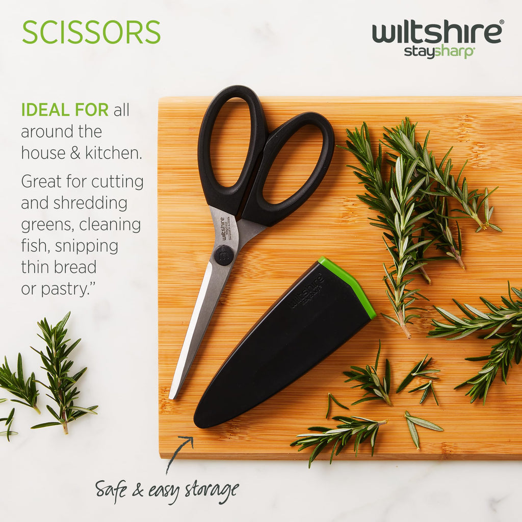 Wiltshire Staysharp Scissors, Kitchen Scissors with Built-in Sharpener, Sharp at All Times, Slim Design Scabbard, Pull-Apart, Soft Touch Handles for Easy Cleaning, Black, 10-Year Guarantee