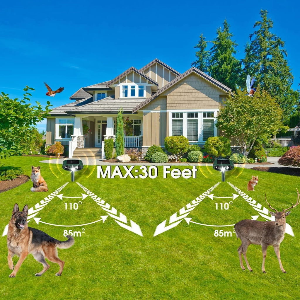 PRODCA Ultrasonic Animal Repellent Outdoor,Animal Deterrent Devices Outdoor with Motion and Light Sensor and Sound,Squirrel Cat Deer Bird Repellent Deterrent Sound Devices for Yard