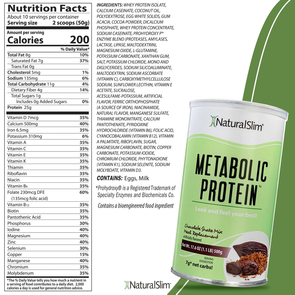 NaturalSlim Metabolic Whey Protein Powder Chocolate – Low Carb, Meal Replacement Shake w/Vitamins, Minerals & Amino Acid L-Glutamine | Great Taste and Very Filling Protein Shake, 10 Servings, 17.6oz