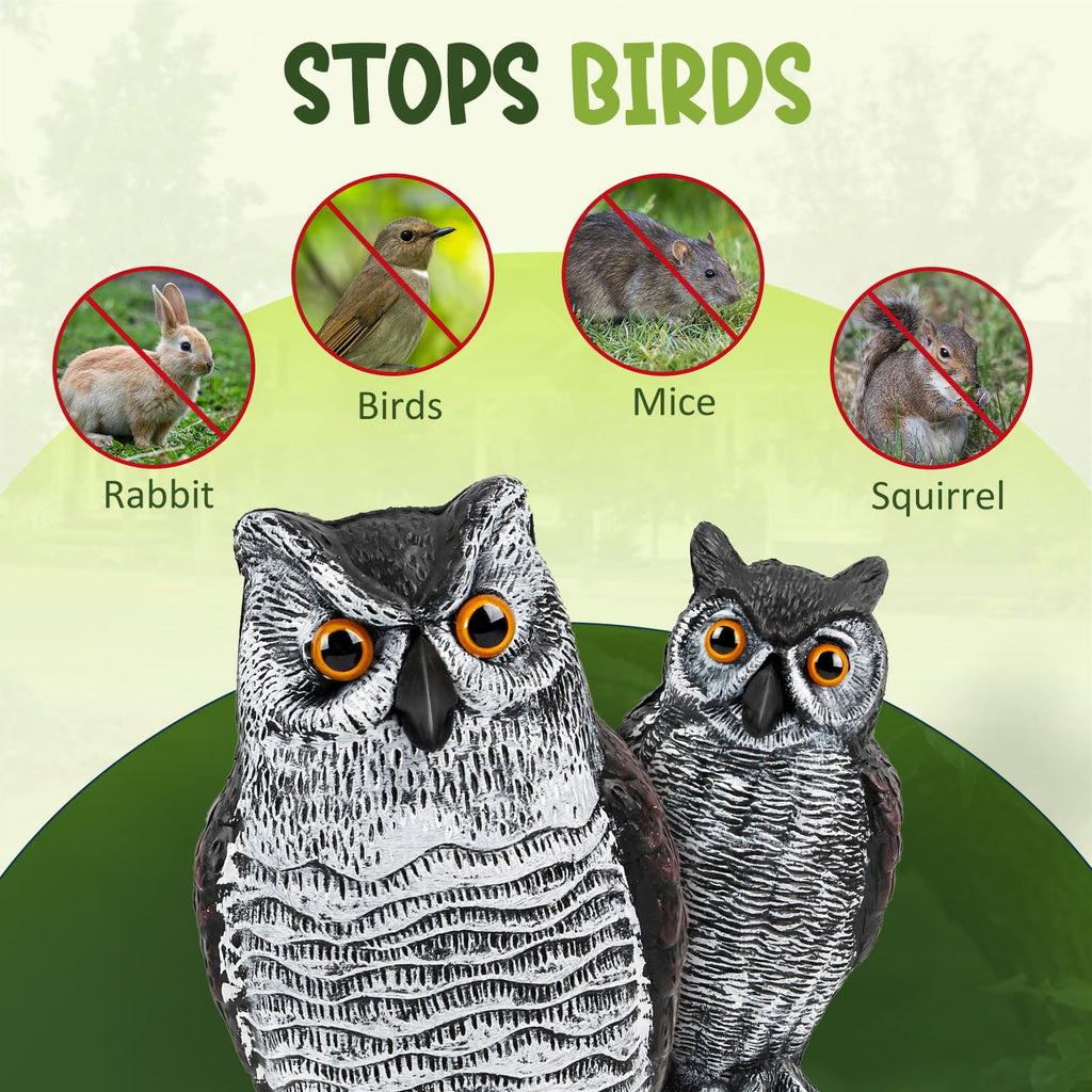 TRAYDER 2 Pack Fake Owl Decoys Large, 10.7" Outdoor Decorations Anti Bird Repellent Owls for Garden Deterrent, Scarecrow Horned Owl Statue Decoy to Scare Birds Away, Suit Backyard, Patio Decor