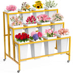 VGMiu Flower Display Stand with 12 Buckets, Flower Cart 3 Layers Gold Metal Flower Bar Stand with Wheels, Moving Florist Bouquet Shelf for Weddings Florist Indoor Outdoor Patio Garden Living Room