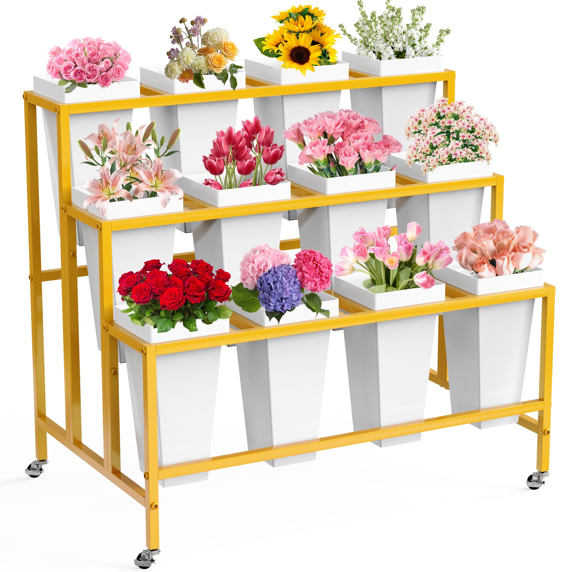 VGMiu Flower Display Stand with 12 Buckets, Flower Cart 3 Layers Gold Metal Flower Bar Stand with Wheels, Moving Florist Bouquet Shelf for Weddings Florist Indoor Outdoor Patio Garden Living Room