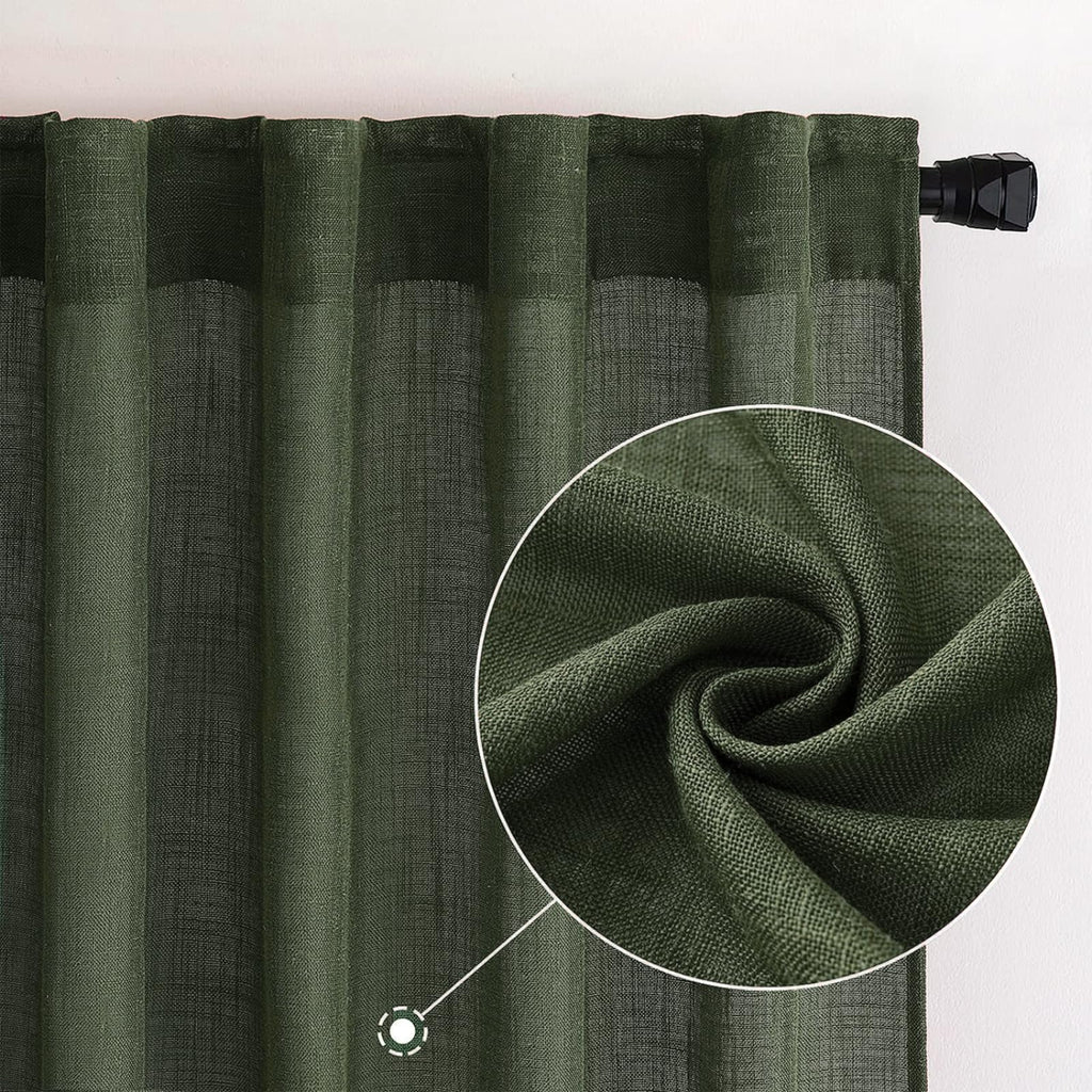 MIULEE Olive Green Linen Curtains 90 Inch Long for Bedroom Living Room, Soft Thick Linen Textured Window Drapes Semi Sheer Light Filtering Rod Pocket Back Tab Christmas Burlap Look, 2 Panels