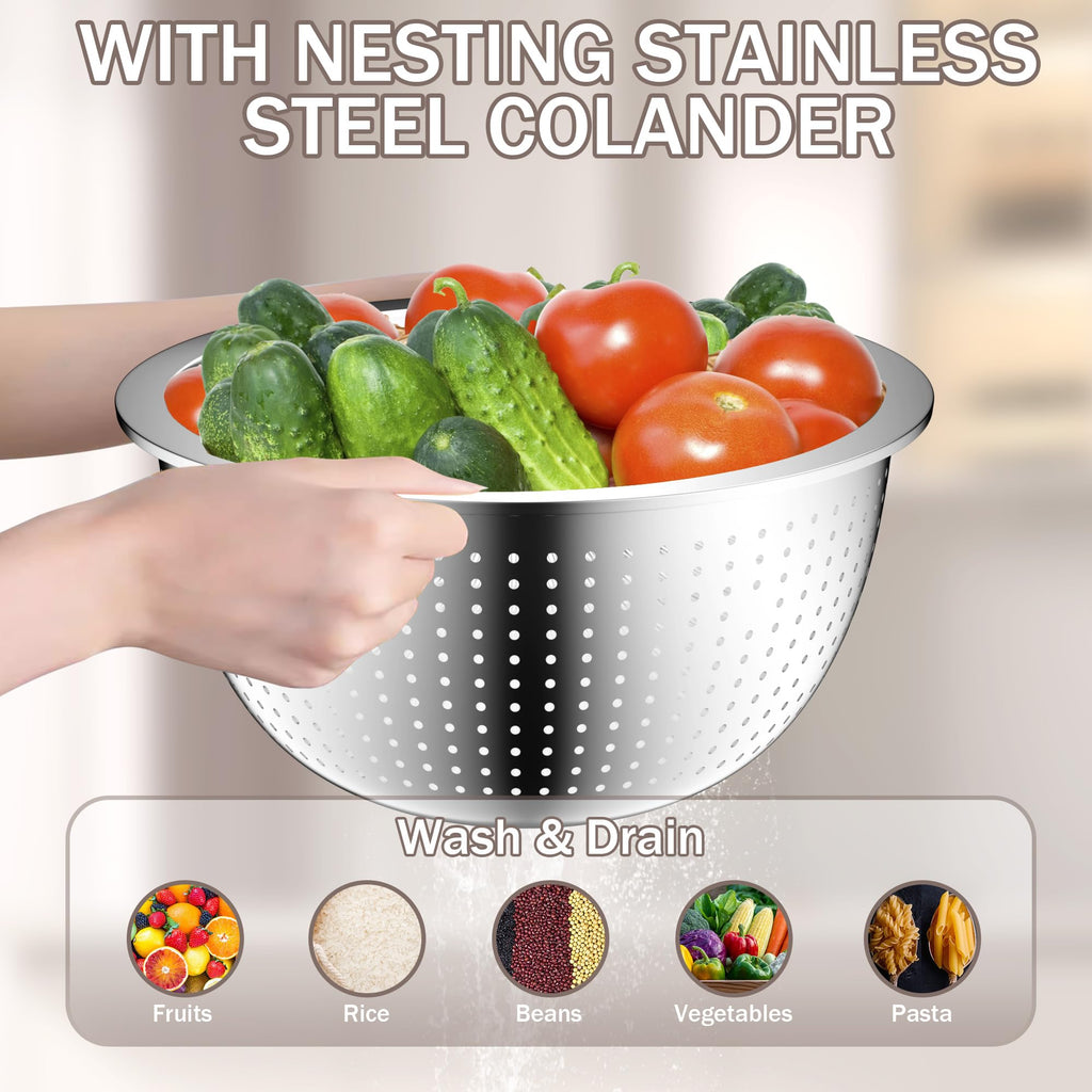 DUTZUN Stainles Steel Mixing Bowls with Lids Set, Stackable Metal Mixing Bowl with Strainer, 5-Piece - Beige