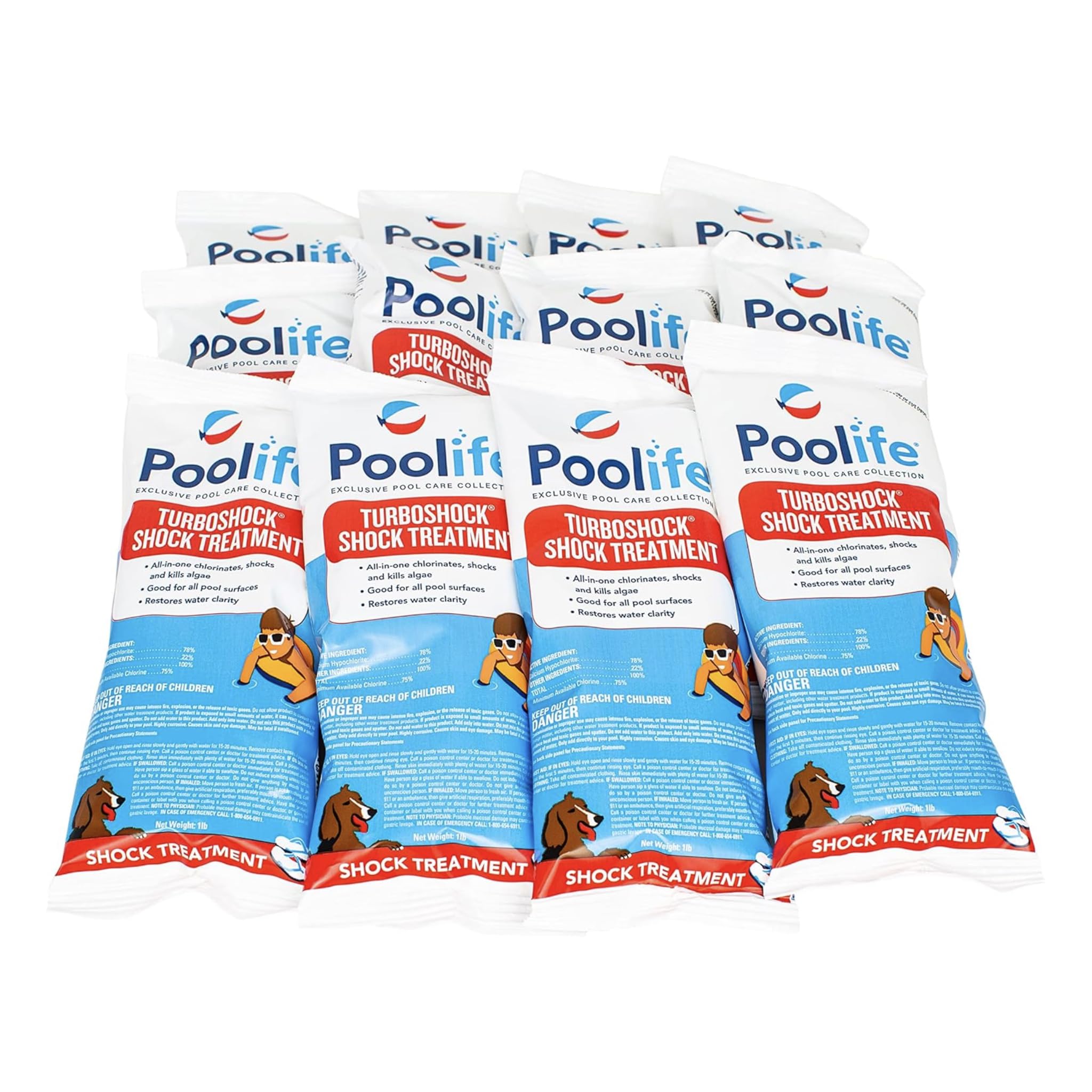 Poolife Turbo Shock to Eliminate Algae, Bacteria & Cloudy Water - Strongest 78% Calcium Hypochlorite Pool Shock - Fast-Dissolving, No Pre-Mixing - Safe Chlorine Shock for All Surfaces - 12 X 1lb Bag