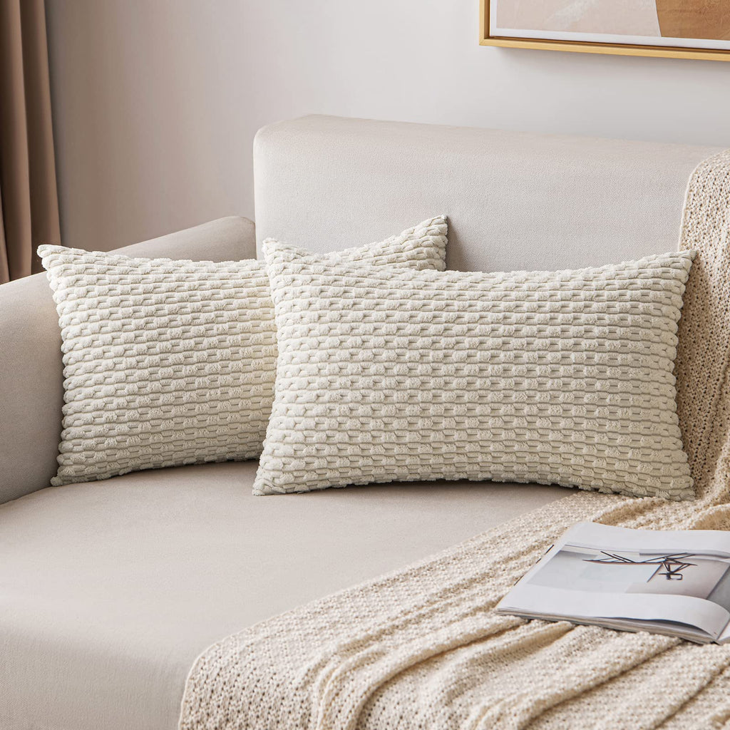 MIULEE Throw Pillow Covers Soft Corduroy Decorative Set of 2 Boho Striped Pillow Covers Pillowcases Farmhouse Home Decor for Christmas Couch Bed Sofa Living Room 12x20 Inch Cream White