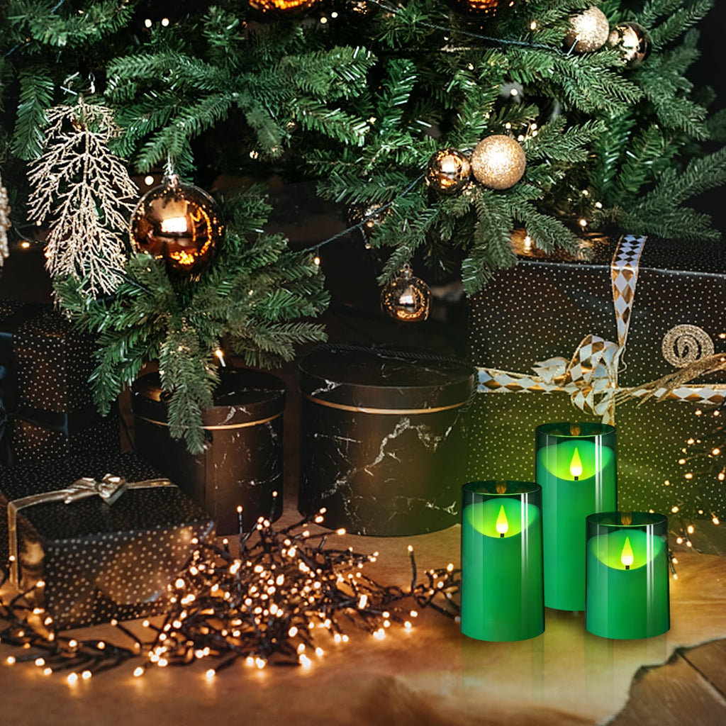NURADA Flameless Candles: 3D Wick Battery Operated LED Pillar Candles - Acrylic Fake Candles with Remote and Timer for Home Holiday, Forest, Christmas, Theme Party, Table Decor - 3 Pack Green