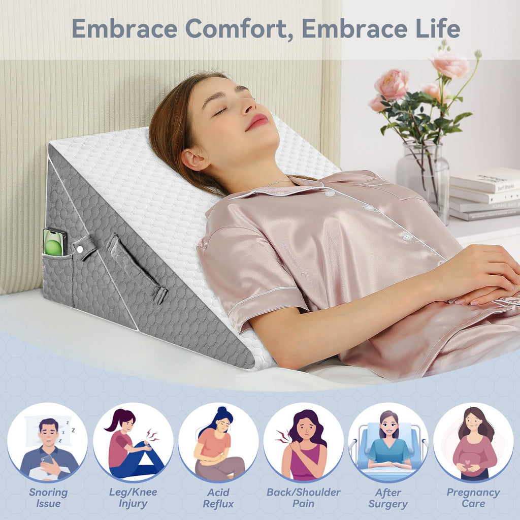 Wedge Pillow with Memory Foam Top, 9 & 12 Inch Bed Wedge for Acid Reflux, Back Pain, Heartburn, 7 in 1 Cooling-Gel Pillow Wedge for After Surgery, Adjustable Elevated Pillows for Sleeping, GERD