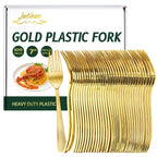 Jutieuo Gold Plastic Forks 7.4 Inch (100-Count) Exquisite Gold Forks Disposable Plastic Silverware Gold Plastic Cutlery for Parties, Weddings, Catering Events