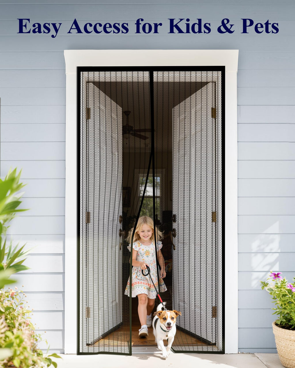 Magnetic Screen Door - 38.0'' x 82.0'' Retractable Screen Door Mesh for Entry Door or Sliding Door, Pet & Kid Friendly, Hands-Free Closure Keeps Bugs Out & Lets Breeze in, Stripe Black