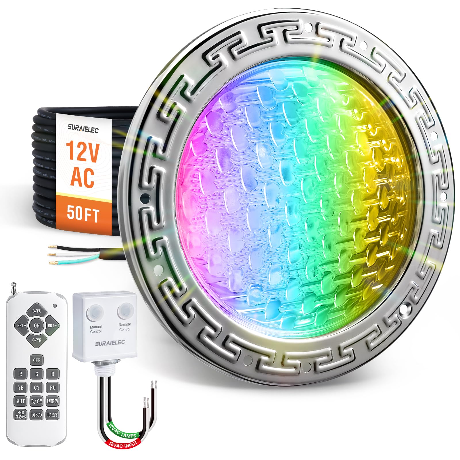 SURAIELEC 12V AC Pool Lights for Inground Pool, 10 inch Color Changing LED Pool Light with Remote Control, 300W Equivalent, Underwater Swimming Pool Light Fixture for Large Wet Niches, 50FT