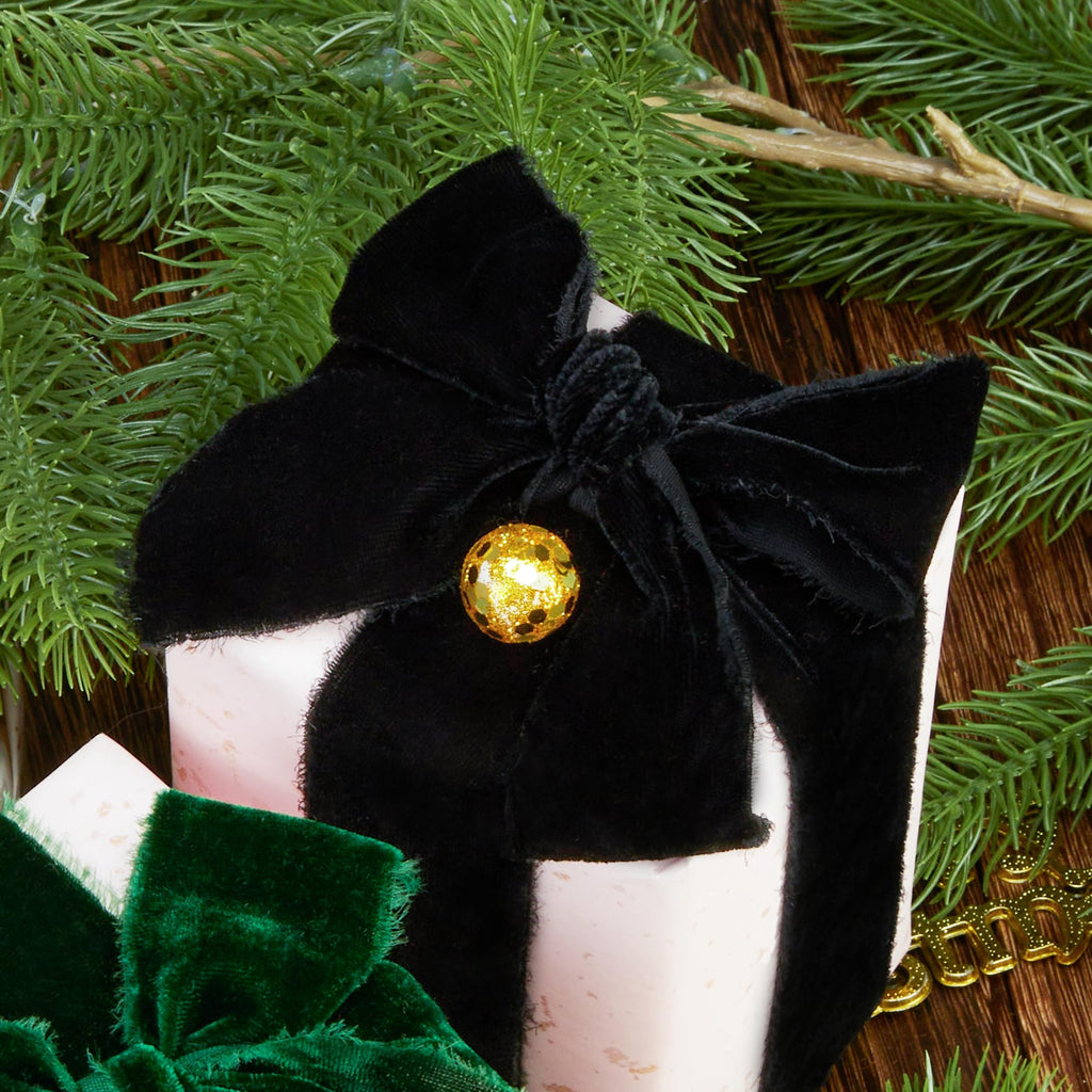 Keypan Black Velvet Ribbon for Gift Wrapping - 1 1/2 inch Wide Handmade Fringe Fabric Ribbon for Christmas Decorations, Baby Shower, Flower Bouquet