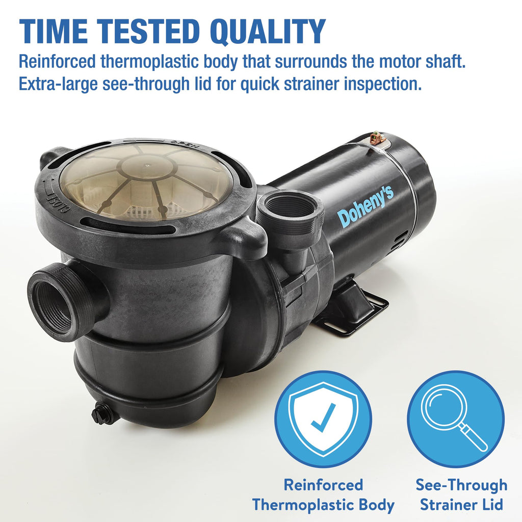 Doheny's 1.5 HP Above Ground Swimming Pool Pump | 115V, 83 GPM (1.2 THP) | Stainless Steel Shaft, Reinforced Thermoplastic, Low-Noise, High-Efficiency | 1.5" Internal & 2.5" External Threading