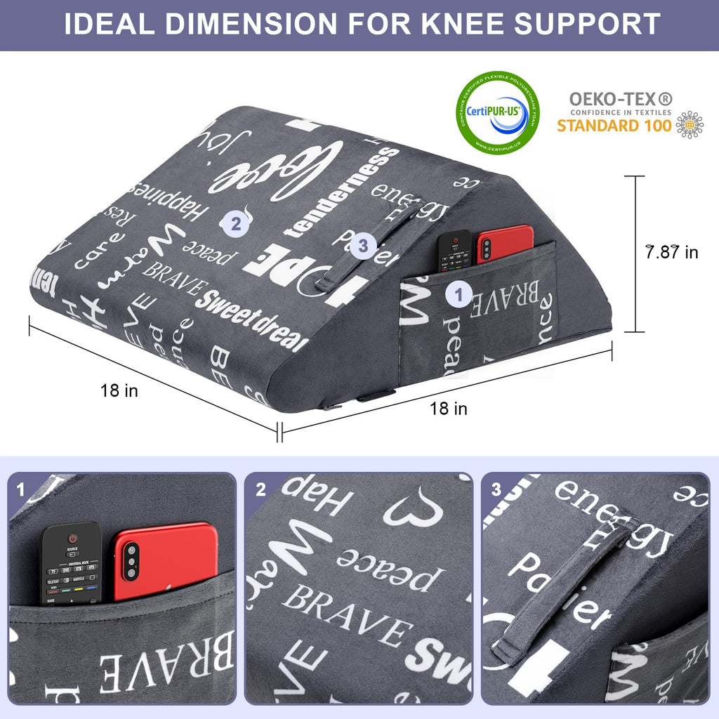 MYLIFESION Knee Wedge Pillow, Leg Elevation Triangle Pillow for Post Surgery, Back Pain Relief, Bed Wedge Pillowcase for Sleeping with Removable Cover and Positive Energy Words