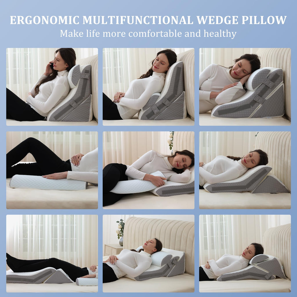 Flyxunfri Bed Wedge Pillow for Sleeping Orthopedic Wedge Pillows Set 9&12&16&20 Inches Adjustable Memory Foam Reading Pillow for Acid Reflux Relief Ergonomic Incline for Back Pain