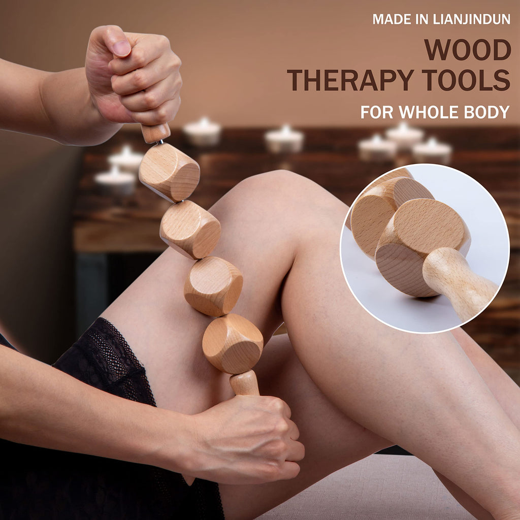 lianjindun 6 in 1 Wood Therapy Massage Tools, Maderoterapia kit, Wood Therapy Set, Lymphatic Drainage Massager, Wooden Gua Sha Tools, Wooden Massager Roller Rope for Body Shaping Anti Cellulite